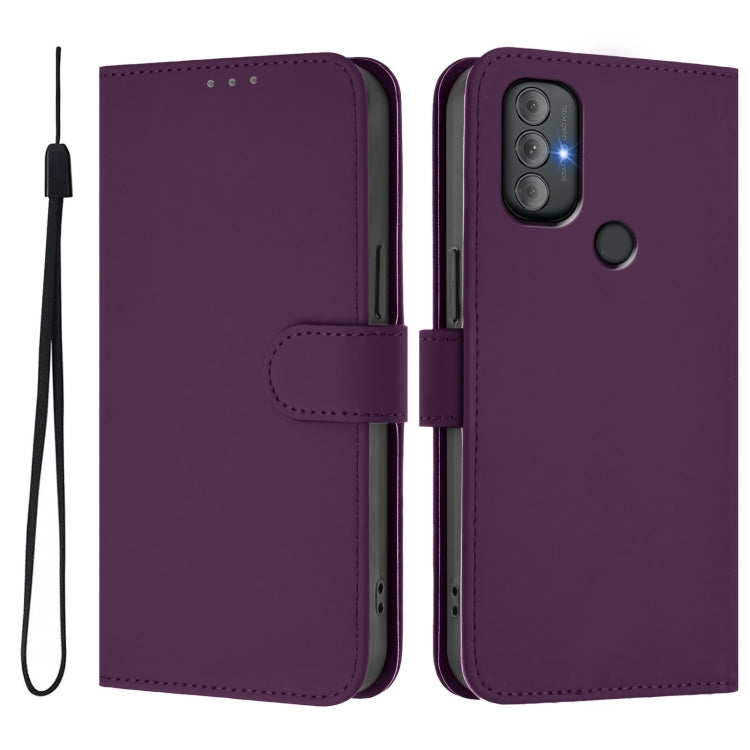 For Motorola Moto G Power 2022 Skin Feel Solid Color Leather Phone Case with Lanyard