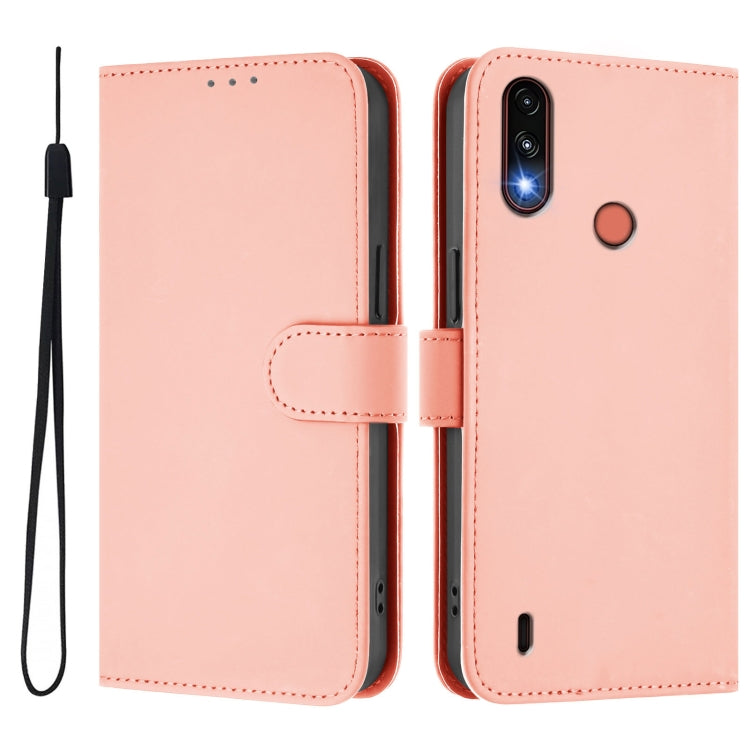 For Motorola Moto E7 Power Skin Feel Solid Color Leather Phone Case with Lanyard