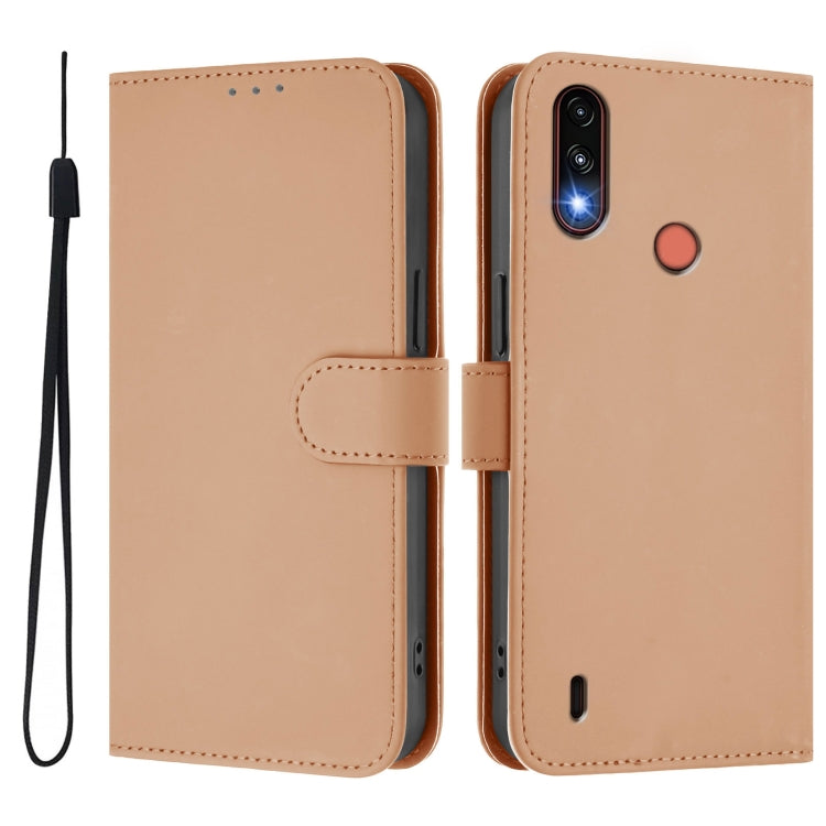 For Motorola Moto E7 Power Skin Feel Solid Color Leather Phone Case with Lanyard