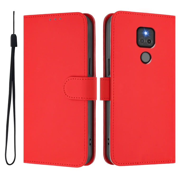 For Motorola Moto G Play 2021 Skin Feel Solid Color Leather Phone Case with Lanyard
