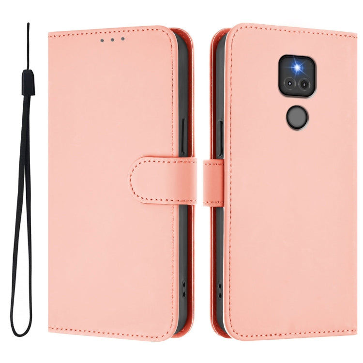 For Motorola Moto G Play 2021 Skin Feel Solid Color Leather Phone Case with Lanyard
