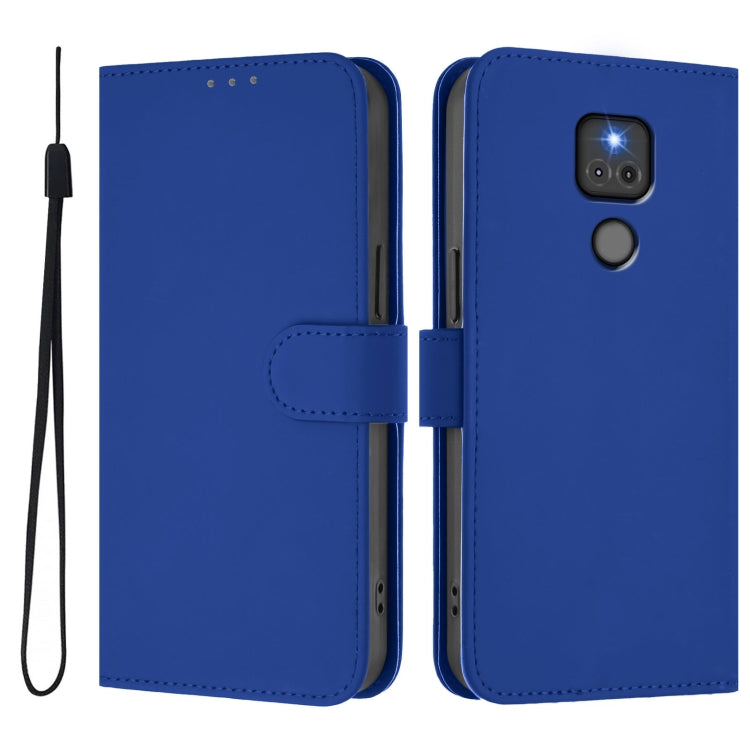 For Motorola Moto G Play 2021 Skin Feel Solid Color Leather Phone Case with Lanyard