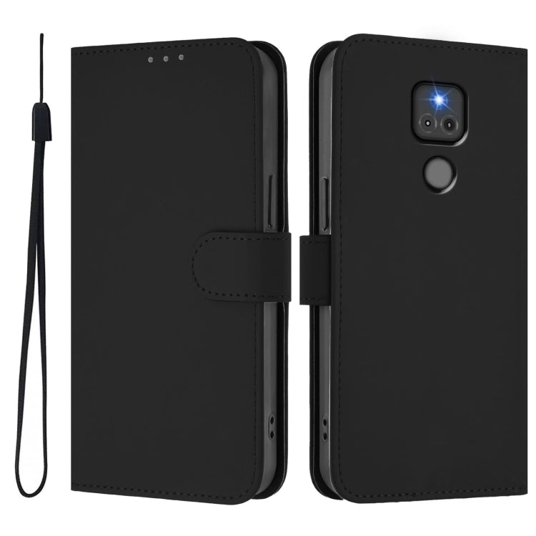 For Motorola Moto G Play 2021 Skin Feel Solid Color Leather Phone Case with Lanyard
