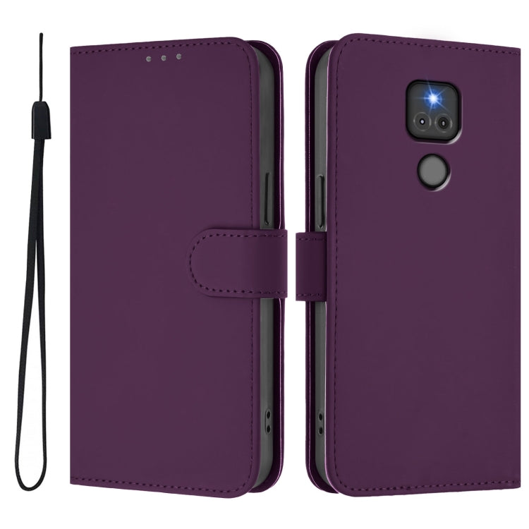 For Motorola Moto G Play 2021 Skin Feel Solid Color Leather Phone Case with Lanyard