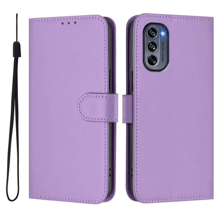 For Motorola Moto G62 5G Global Skin Feel Solid Color Leather Phone Case with Lanyard