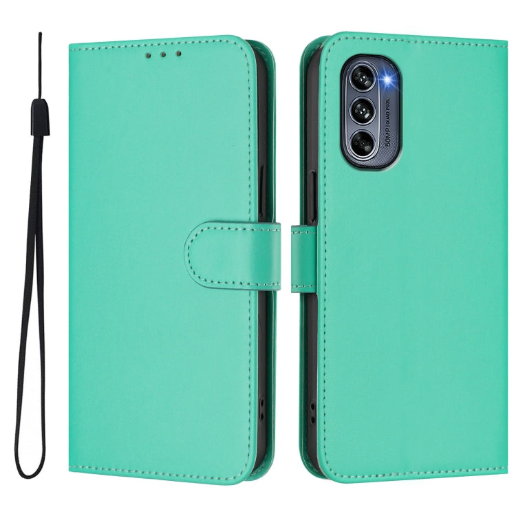 For Motorola Moto G62 5G Global Skin Feel Solid Color Leather Phone Case with Lanyard