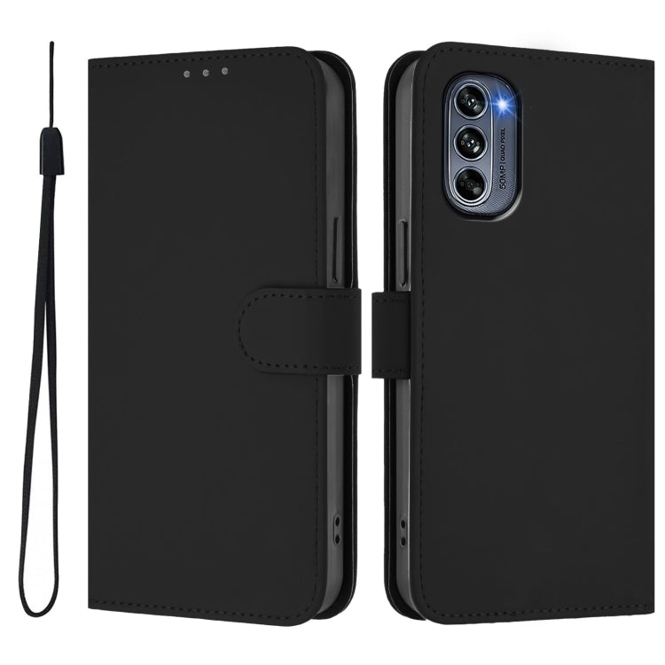 For Motorola Moto G62 5G Global Skin Feel Solid Color Leather Phone Case with Lanyard