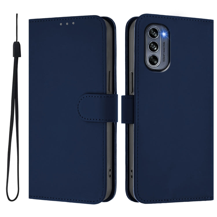 For Motorola Moto G62 5G Global Skin Feel Solid Color Leather Phone Case with Lanyard