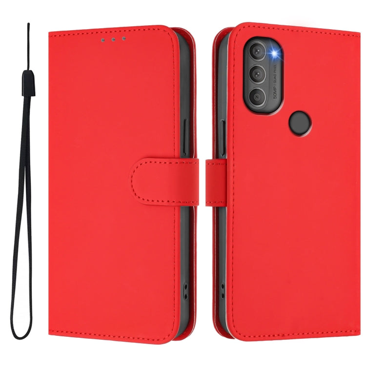 For Motorola Moto G71 5G Skin Feel Solid Color Leather Phone Case with Lanyard