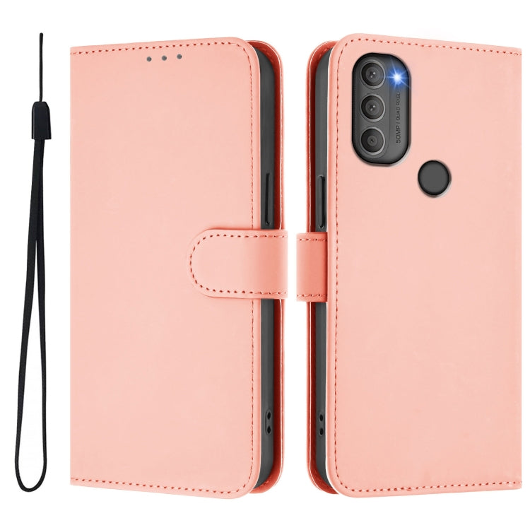 For Motorola Moto G71 5G Skin Feel Solid Color Leather Phone Case with Lanyard
