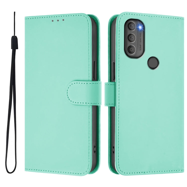 For Motorola Moto G71 5G Skin Feel Solid Color Leather Phone Case with Lanyard