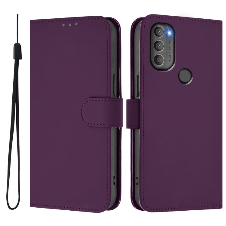 For Motorola Moto G71 5G Skin Feel Solid Color Leather Phone Case with Lanyard