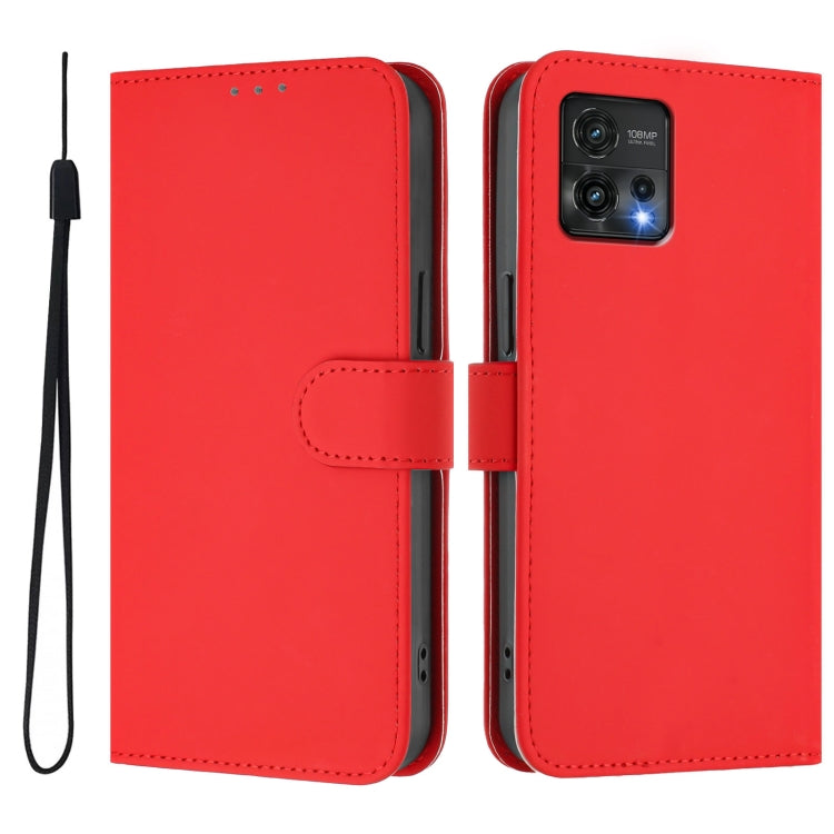 For Motorola Moto G72 Skin Feel Solid Color Leather Phone Case with Lanyard