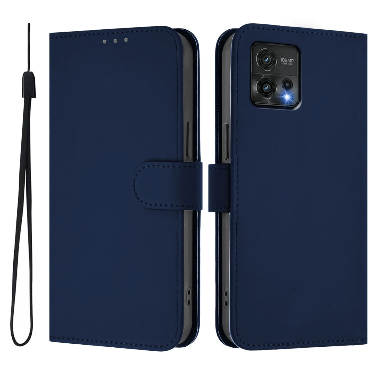 For Motorola Moto G72 Skin Feel Solid Color Leather Phone Case with Lanyard