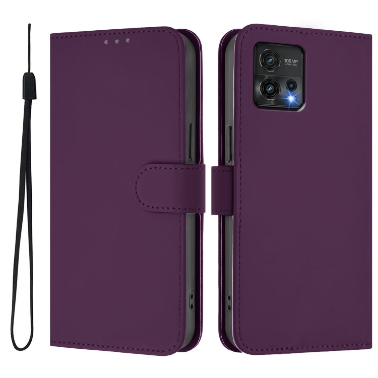 For Motorola Moto G72 Skin Feel Solid Color Leather Phone Case with Lanyard