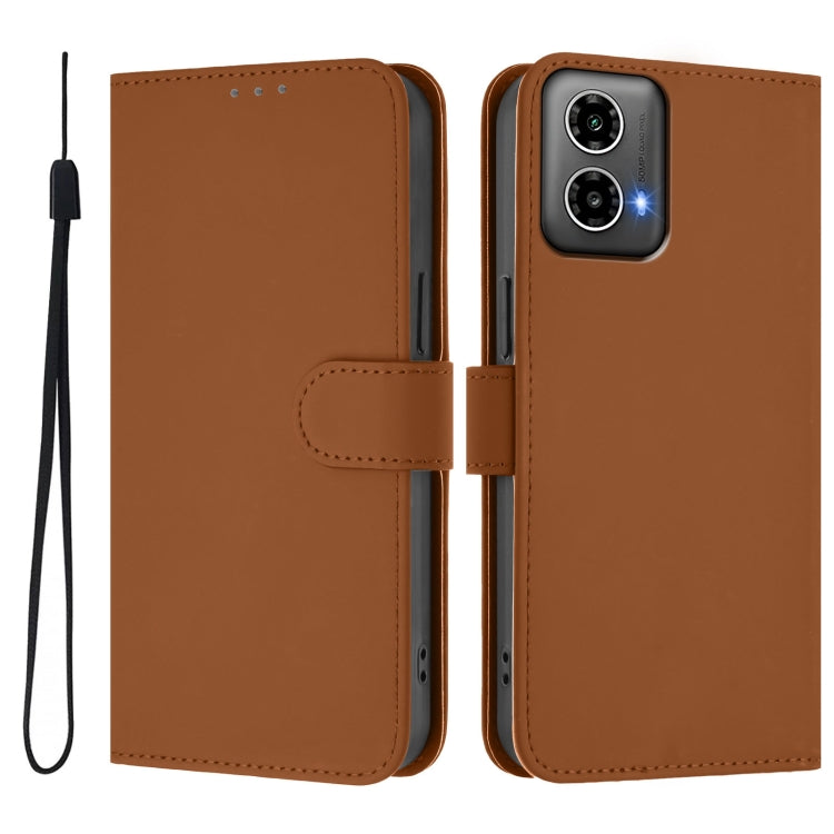For Motorola Moto G34 Global Skin Feel Solid Color Leather Phone Case with Lanyard
