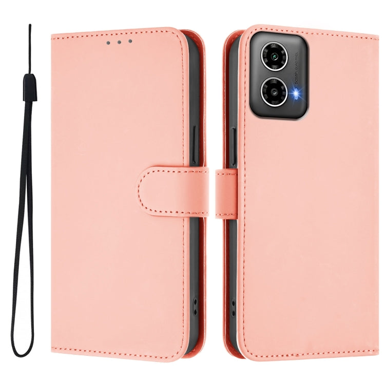 For Motorola Moto G34 Global Skin Feel Solid Color Leather Phone Case with Lanyard