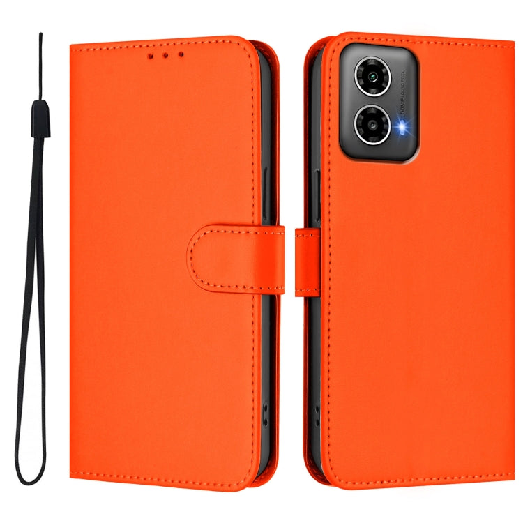 For Motorola Moto G34 Global Skin Feel Solid Color Leather Phone Case with Lanyard