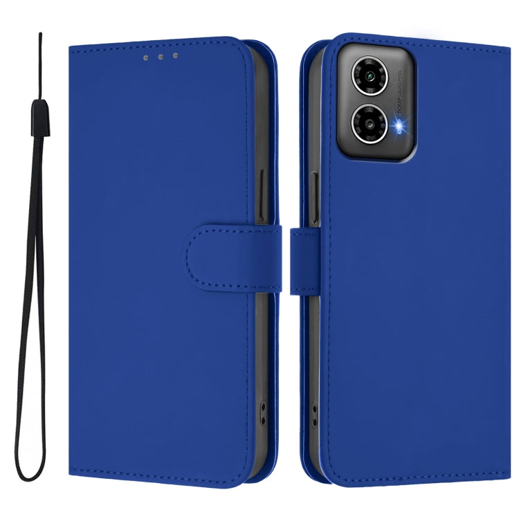 For Motorola Moto G34 Global Skin Feel Solid Color Leather Phone Case with Lanyard