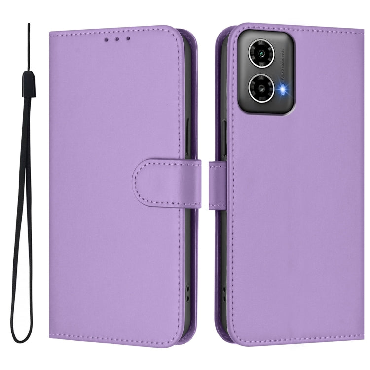 For Motorola Moto G34 Global Skin Feel Solid Color Leather Phone Case with Lanyard