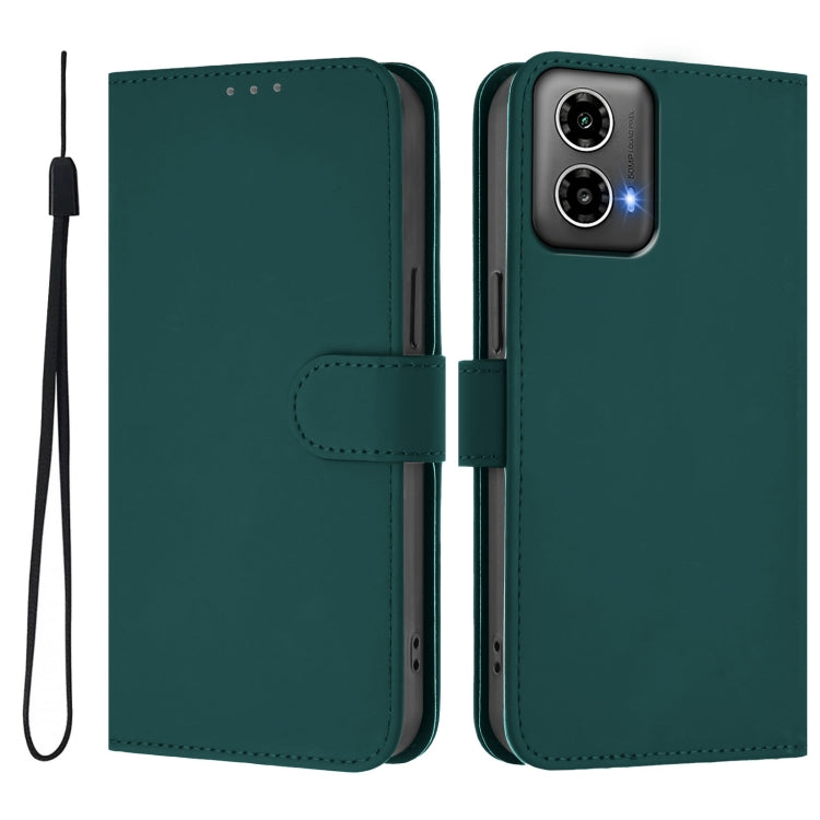 For Motorola Moto G34 Global Skin Feel Solid Color Leather Phone Case with Lanyard