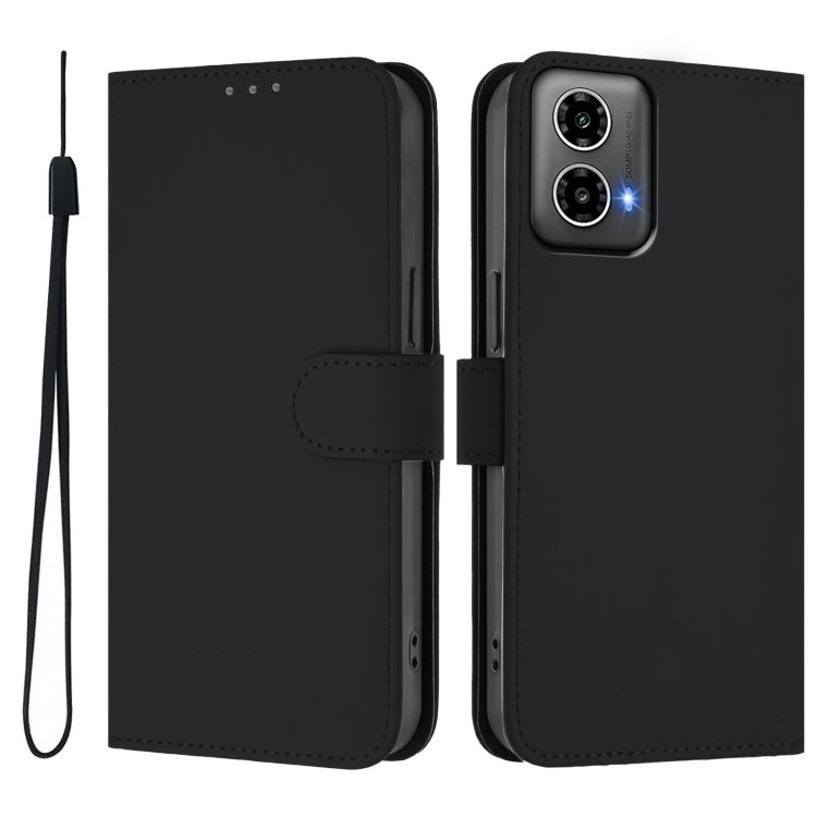 For Motorola Moto G34 Global Skin Feel Solid Color Leather Phone Case with Lanyard