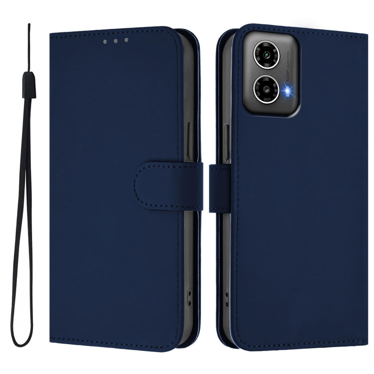 For Motorola Moto G34 Global Skin Feel Solid Color Leather Phone Case with Lanyard
