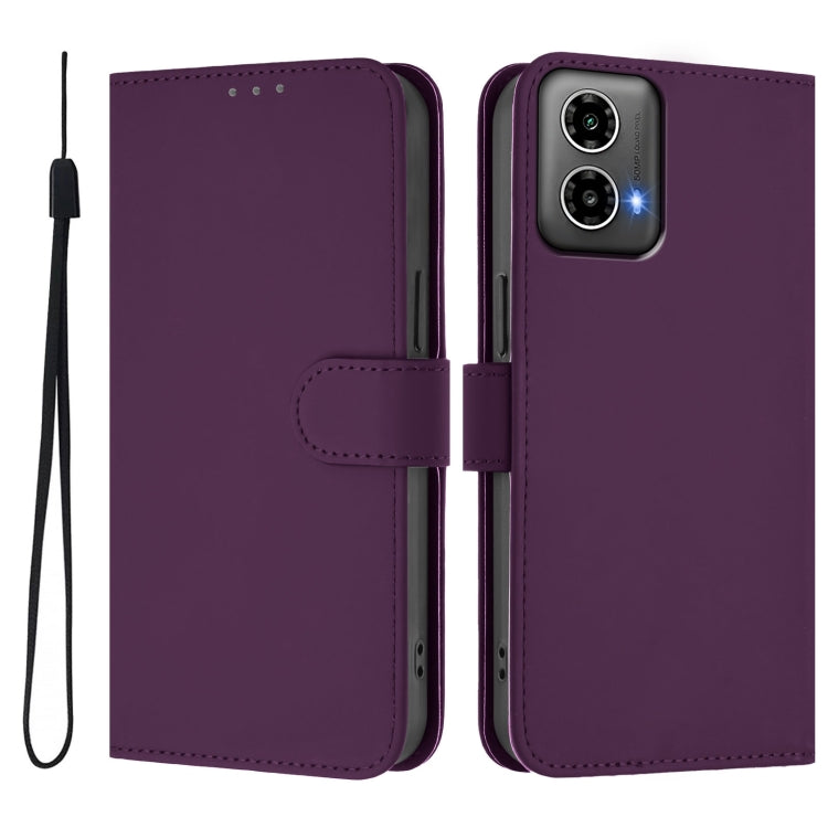 For Motorola Moto G34 Global Skin Feel Solid Color Leather Phone Case with Lanyard