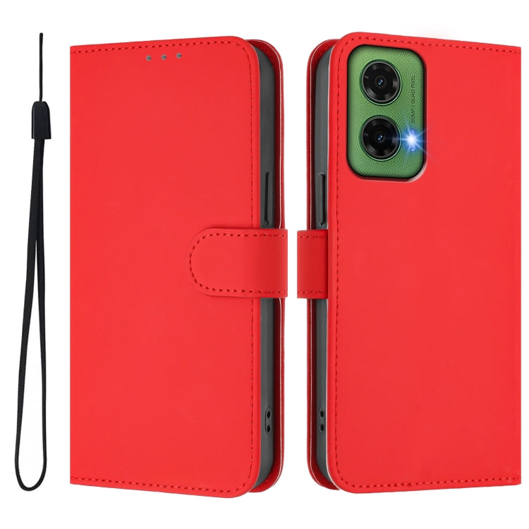 For Motorola Moto G35 Skin Feel Solid Color Leather Phone Case with Lanyard