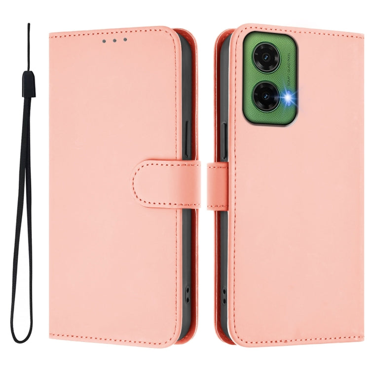 For Motorola Moto G35 Skin Feel Solid Color Leather Phone Case with Lanyard