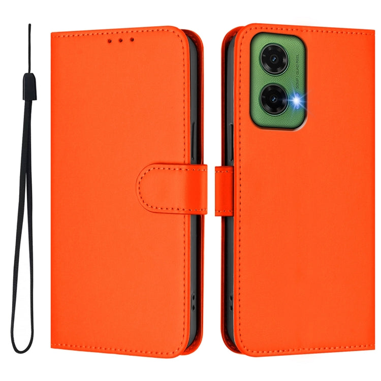 For Motorola Moto G35 Skin Feel Solid Color Leather Phone Case with Lanyard