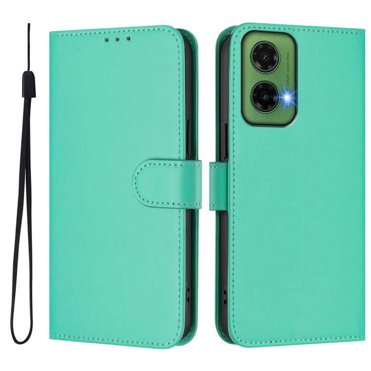 For Motorola Moto G35 Skin Feel Solid Color Leather Phone Case with Lanyard