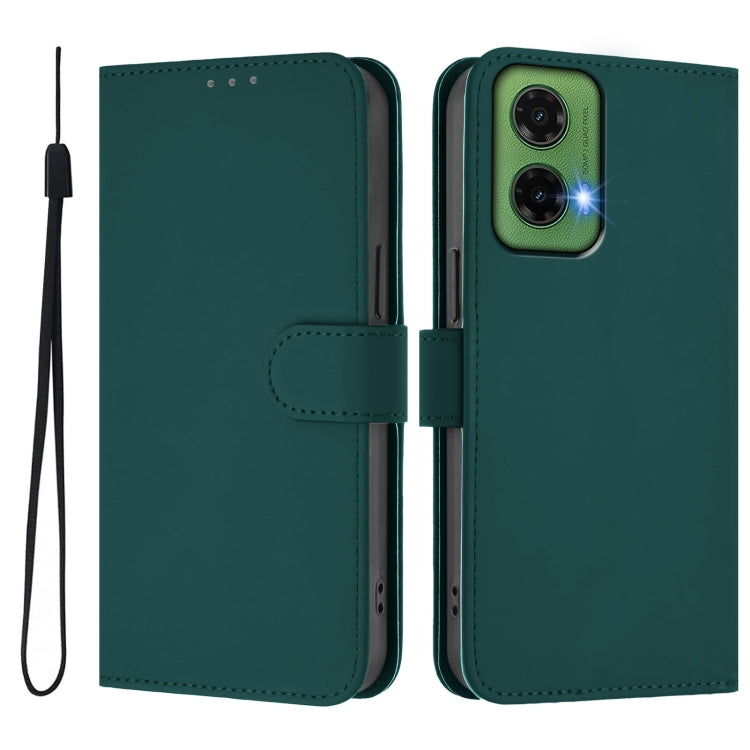 For Motorola Moto G35 Skin Feel Solid Color Leather Phone Case with Lanyard