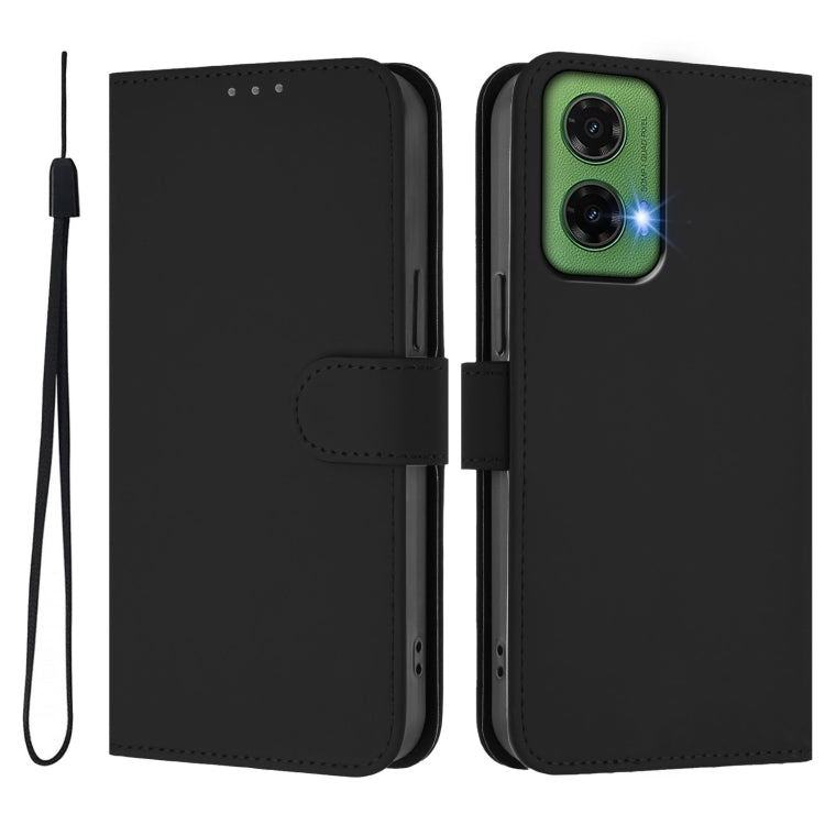 For Motorola Moto G35 Skin Feel Solid Color Leather Phone Case with Lanyard
