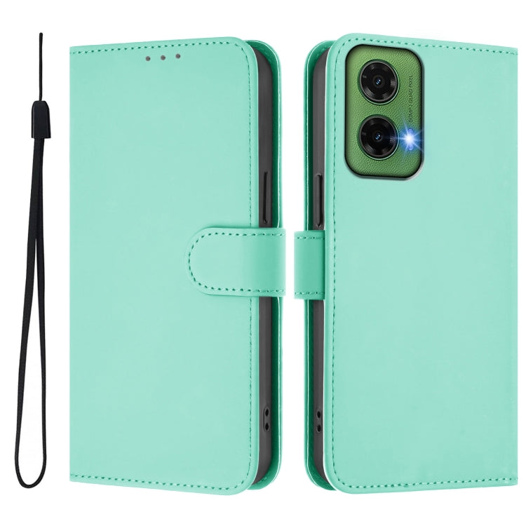 For Motorola Moto G35 Skin Feel Solid Color Leather Phone Case with Lanyard