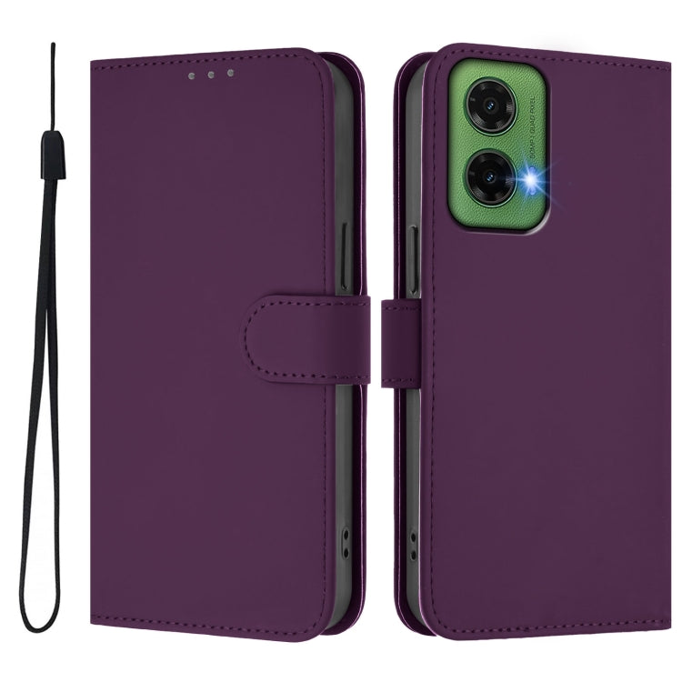 For Motorola Moto G35 Skin Feel Solid Color Leather Phone Case with Lanyard