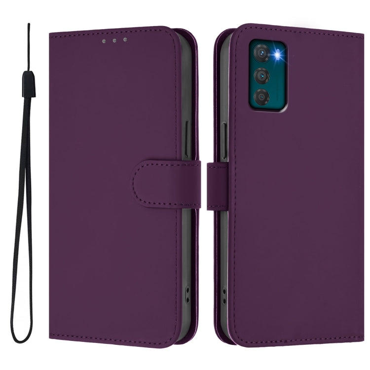 For Motorola Moto G42 4G Skin Feel Solid Color Leather Phone Case with Lanyard
