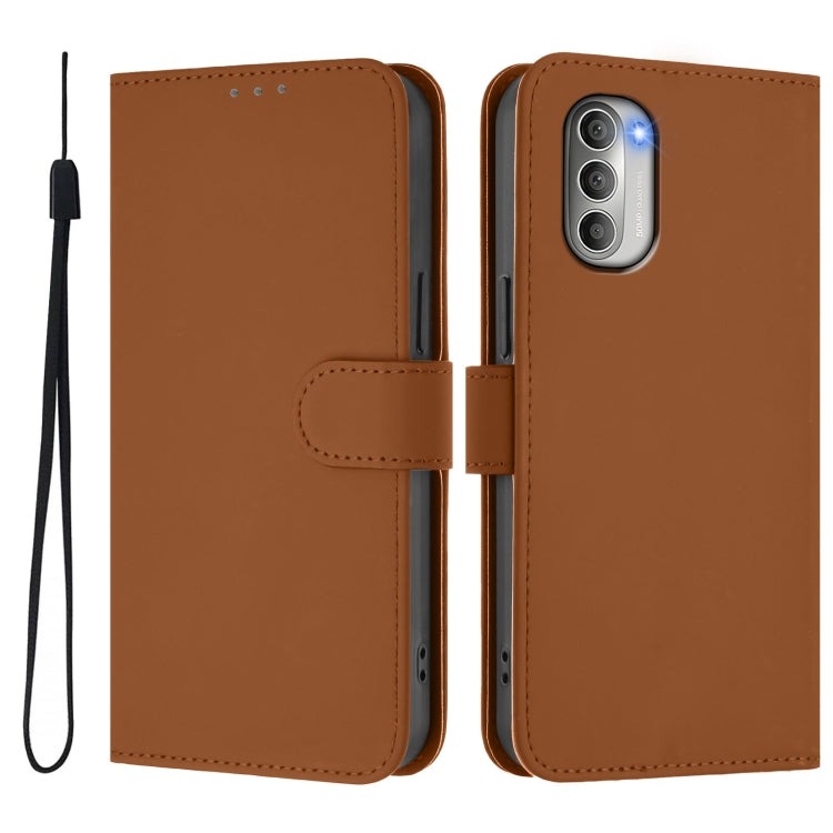 For Motorola Moto G51 5G Skin Feel Solid Color Leather Phone Case with Lanyard