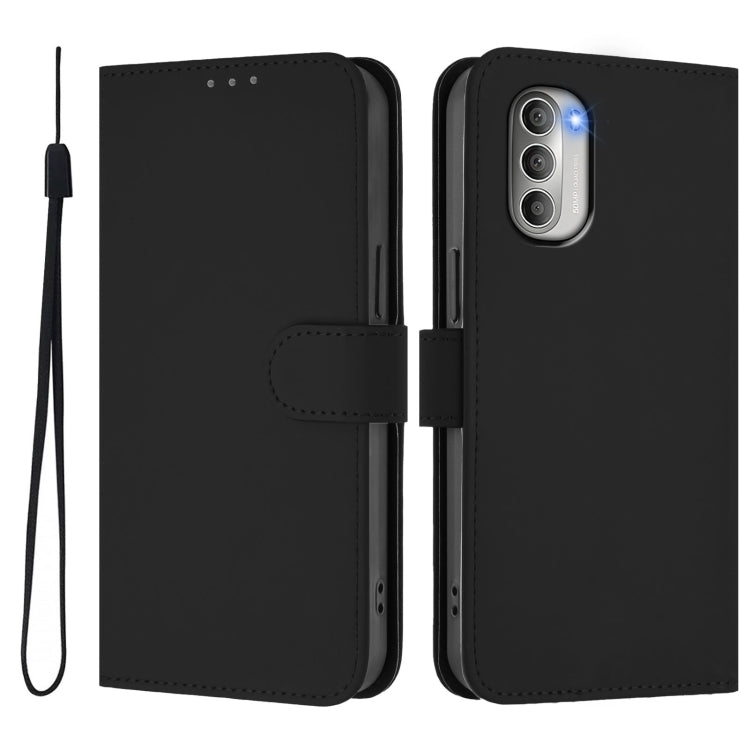 For Motorola Moto G51 5G Skin Feel Solid Color Leather Phone Case with Lanyard