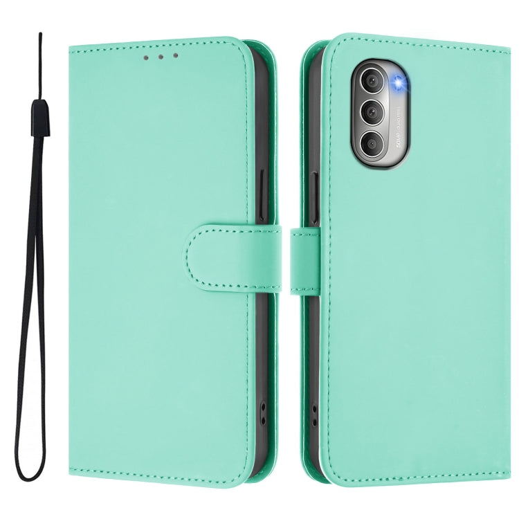 For Motorola Moto G51 5G Skin Feel Solid Color Leather Phone Case with Lanyard
