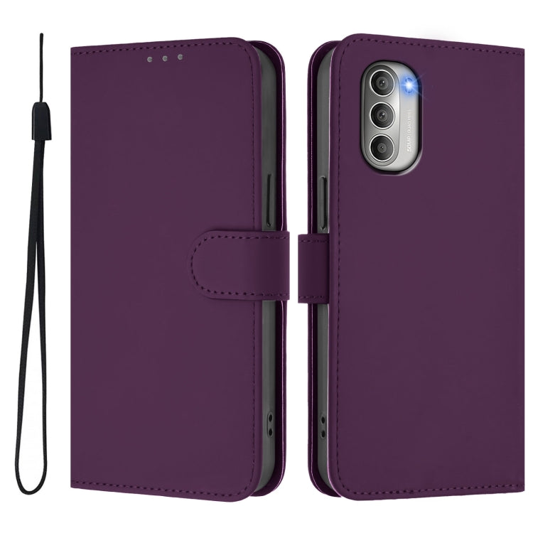 For Motorola Moto G51 5G Skin Feel Solid Color Leather Phone Case with Lanyard