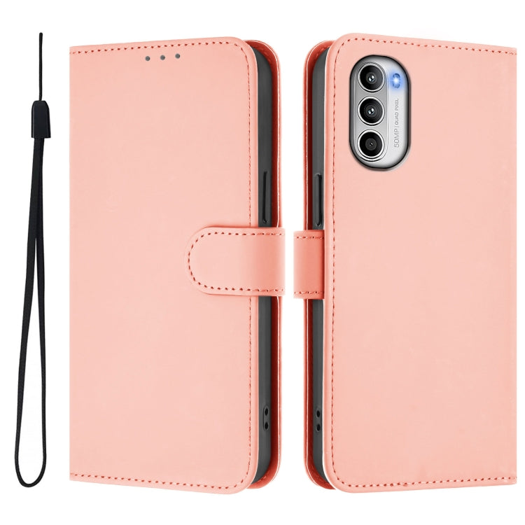 For Motorola Moto G52 4G / G82 5G Skin Feel Solid Color Leather Phone Case with Lanyard