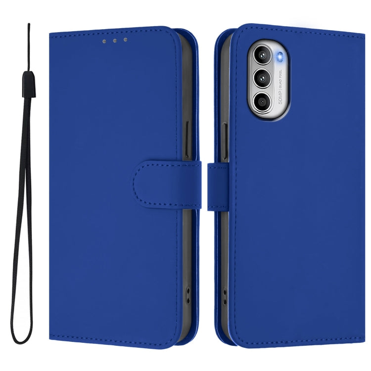 For Motorola Moto G52 4G / G82 5G Skin Feel Solid Color Leather Phone Case with Lanyard