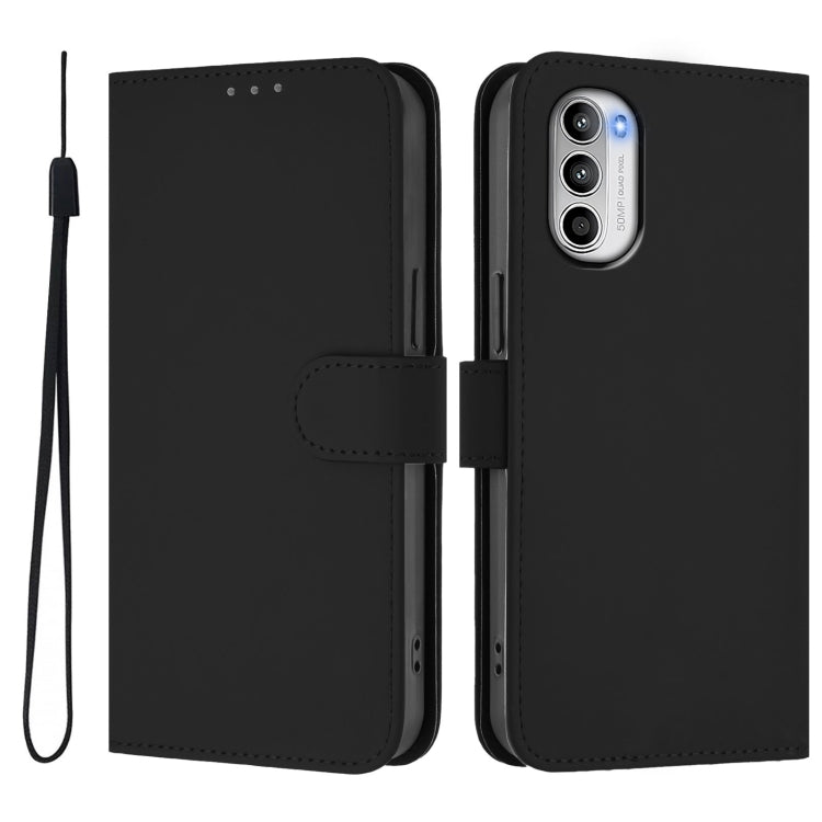 For Motorola Moto G52 4G / G82 5G Skin Feel Solid Color Leather Phone Case with Lanyard