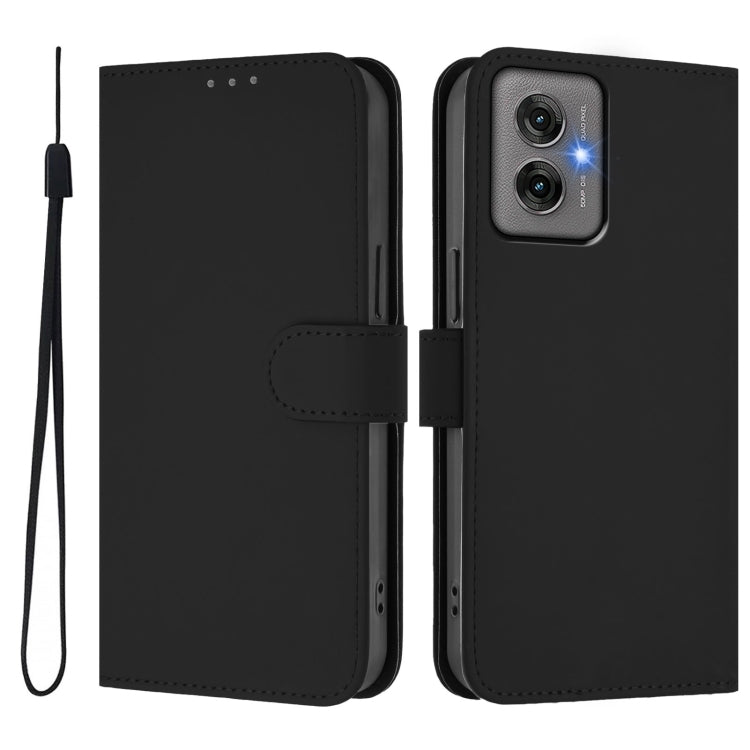 For Motorola Moto G55 Skin Feel Solid Color Leather Phone Case with Lanyard