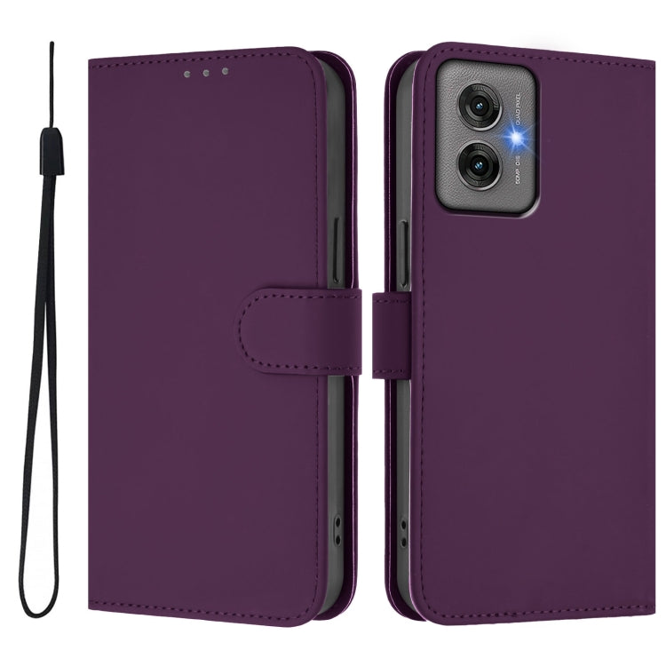For Motorola Moto G55 Skin Feel Solid Color Leather Phone Case with Lanyard