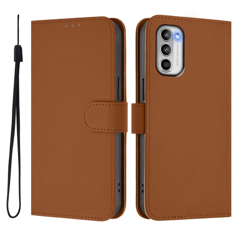 For Motorola Moto G 5G 2022 Skin Feel Solid Color Leather Phone Case with Lanyard