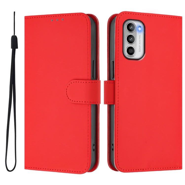 For Motorola Moto G 5G 2022 Skin Feel Solid Color Leather Phone Case with Lanyard