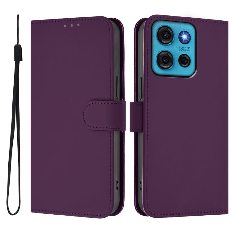 For Motorola Moto G75 5G Skin Feel Solid Color Leather Phone Case with Lanyard