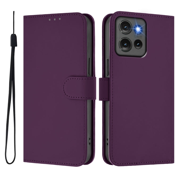 For Motorola Edge 50 5G Global Skin Feel Solid Color Leather Phone Case with Lanyard
